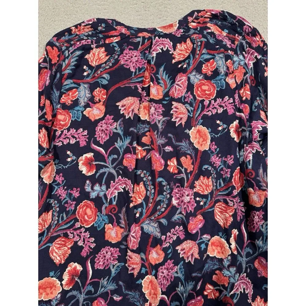 Lucky Brand Womens Blouse XL Dark Blue Red Pink Floral Long Sleeve Tie‎ Front - Picture 10 of 12